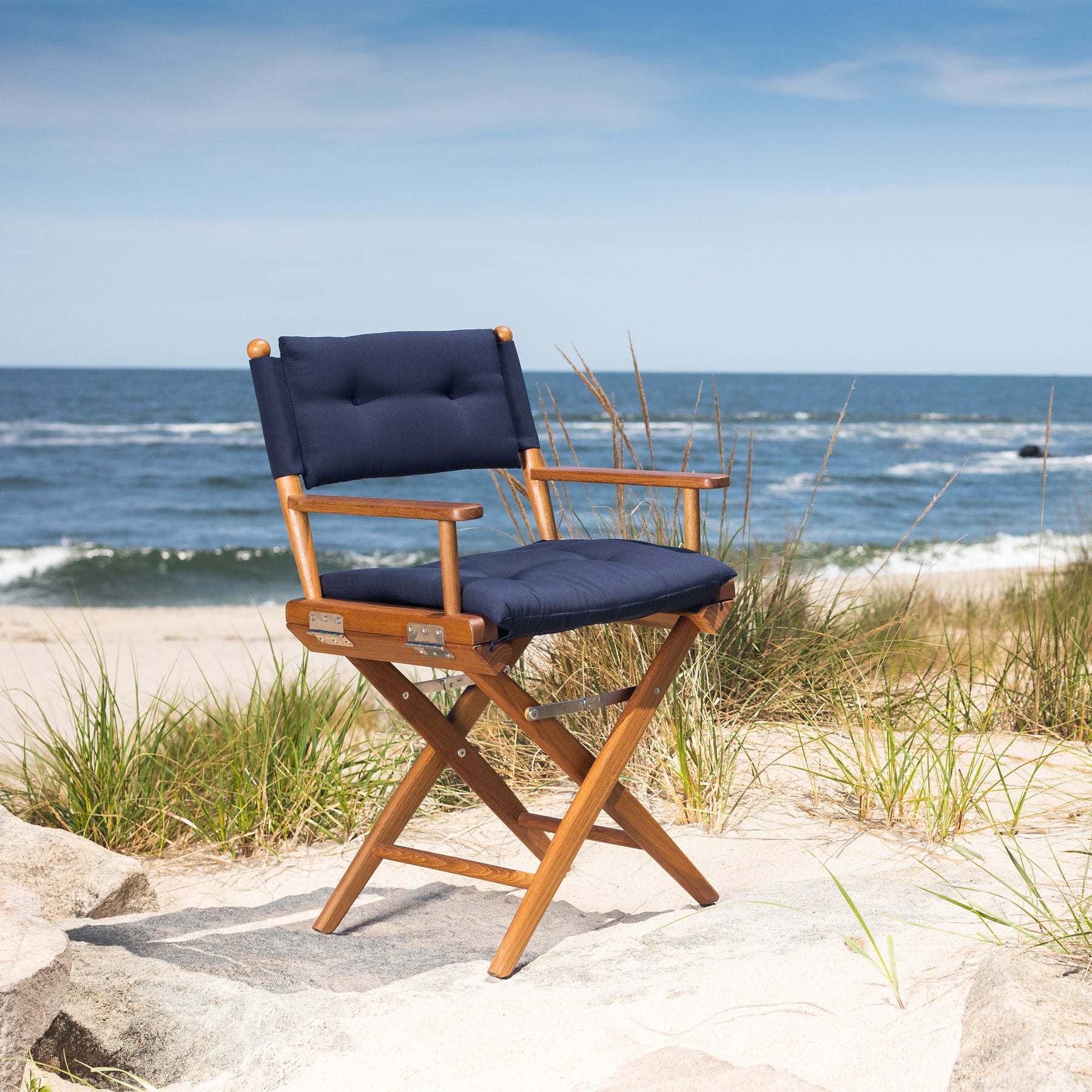 Directors Chair With Navy Cushions - Oiled Finish - 61042